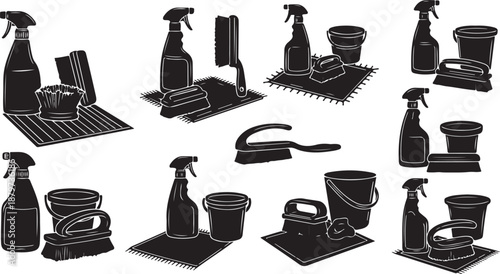 Cleaning supplies and tools in black and white illustration