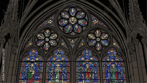 A stunning gothic cathedral rose window displays vibrant stained glass artistry showcasing floral and religious motifs in detail