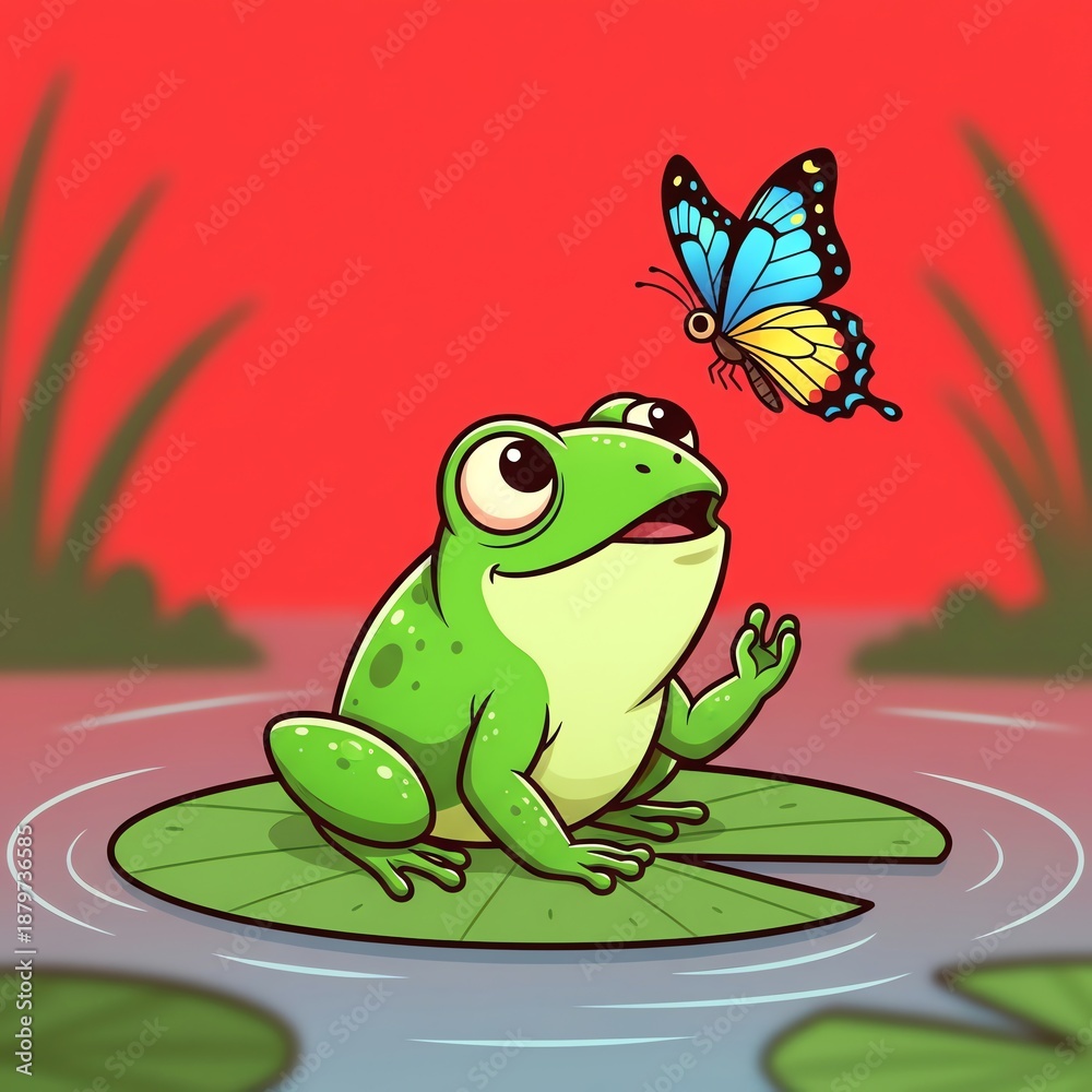 Fototapeta premium A cartoon frog on a lily pad looks up at a butterfly