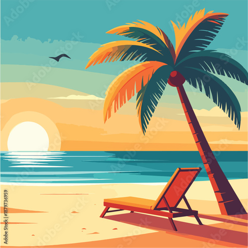 Tropical Beach Sunset with Palm Tree