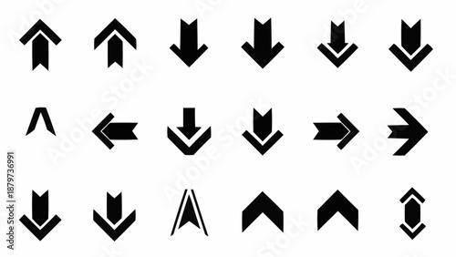 A collection of black arrow symbols pointing in various directions is displayed against a stark white background