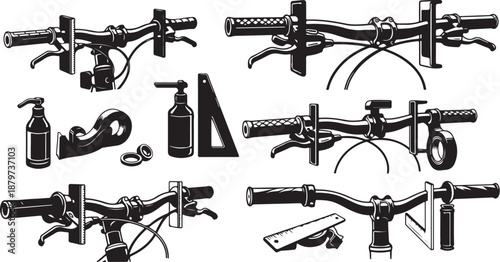 Bicycle Handlebars and Accessories Illustration Set in Black White