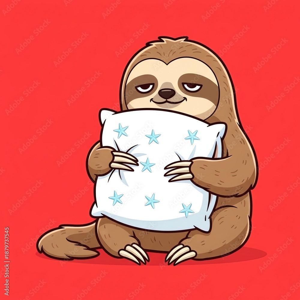 Fototapeta premium A cartoon sloth sits holding a pillow with blue stars