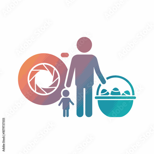 Family Easter photography concept with parent and child holding hands, next to a camera lens and a basket of colorful eggs.
