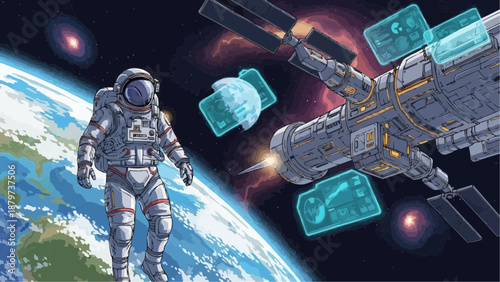 Astronaut floating near a space station with earth visible in the background a digital illustration high quality