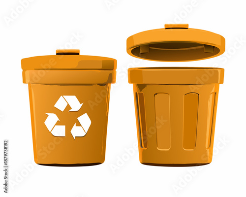 orange recycling bin and open trash can