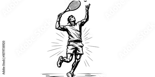 A male player in a powerful mid-serve pose, arm fully extended, high contrast athletic silhouette.