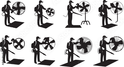 Silhouette of man using various fans for cooling himself