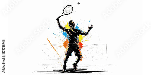 A male player in a powerful mid-serve pose, arm fully extended, high contrast athletic silhouette.