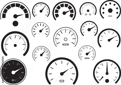 Set of speedometer and gauge icons, dashboard meters, fuel indicators, pressure dials, vector symbols, black and white graphics 