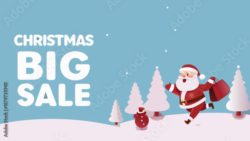 Christmas big sale advertisement featuring santa claus and shopping bags