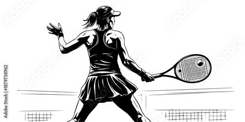 A female player hitting a powerful two-handed backhand, dynamic hair movement, modern athletic gear.