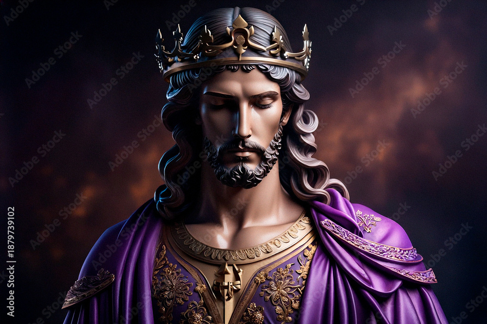 Fototapeta premium Escultura religiosa de Semana Santa con Jesucristo en actitud de recogimiento. Imagen solemne con iluminación dramática y detalles dorados, ideal para uso editorial y contenido religioso.