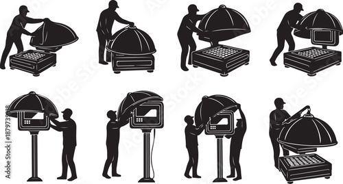 Silhouette of people assembling and using various grills outdoors