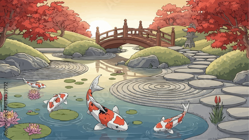 A serene japanese garden scene showcasing vibrant koi fish swimming in a pond with a stone bridge