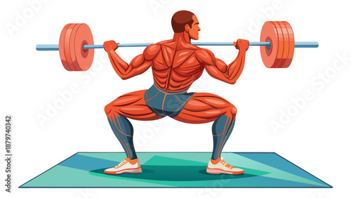 "3D render of a muscular male character performing a barbell back squat on an exercise mat, highlighting the engaging muscles (quads, hamstrings, glutes) with anatomical overlay. White background, fit
