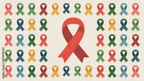 Array of awareness ribbons with a prominent red ribbon Vector