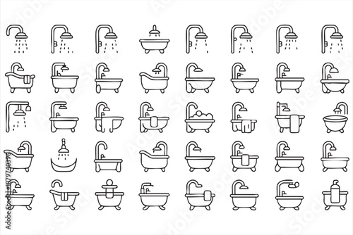 Minimal Bathroom Shower and Bathtub Icons for Web and Dashboard Design