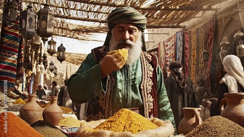 An elderly spice merchant in traditional attire carefully checks the quality of bright yellow turmeric powder, letting the fine grains sift through his fingers in a bustling, dimly lit Middle.