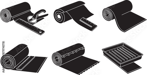 Various Views of Black Insulation Rolls and Materials Unrolled