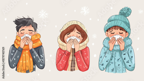 Cozy Winter Scene with People Sneezing in Snowy Weather