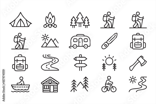 Outdoor Adventure Line Icons for Camping, Trekking, and Tourism Platforms