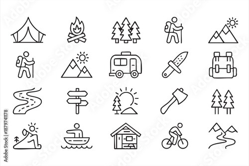 Camping Gear and Hiking Icons for Nature Tourism Interfaces