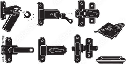 Various door hardware and lock mechanisms illustrated in black