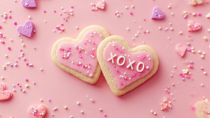 A pair of heart-shaped cookies with pink frosting and sprinkles on a pink background for Valentine's Day