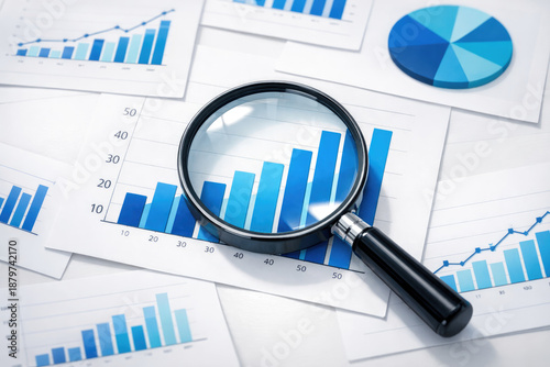 A magnifying glass rests on sheets of paper displaying bar graphs and pie charts with blue and white color schemes visible