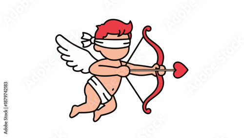 Blindfolded cupid flying with bow and arrow in hand, heart-shaped arrowhead, mythological figure, Valentine's theme, cartoon illustration
