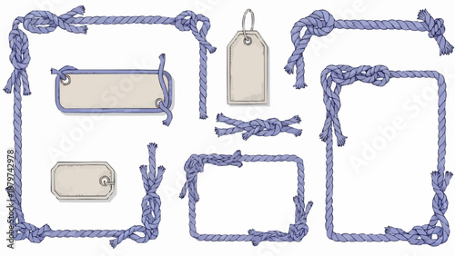 A collection of decorative rope frames and tags illustrated in a simple sketched style with a purple hue