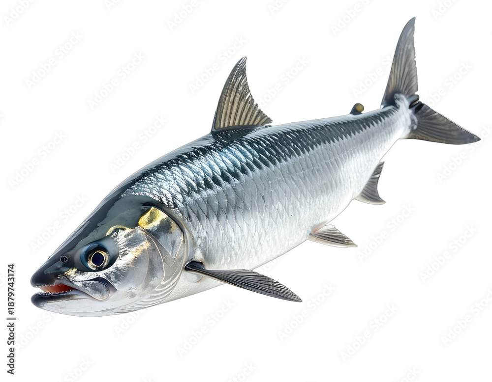 Fototapeta premium A silvery, streamlined fish isolated on black, showing fins and reflective scales