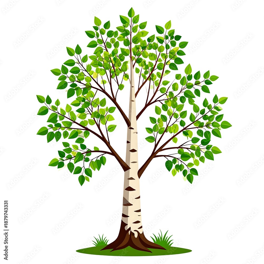 Obraz premium A vibrant, detailed illustration of a lush tree with white bark