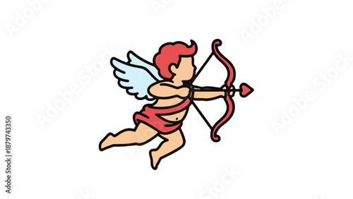 Illustration of Cupid shooting an arrow, symbolizing love and affection in a playful and mischievous manner with dynamic movement