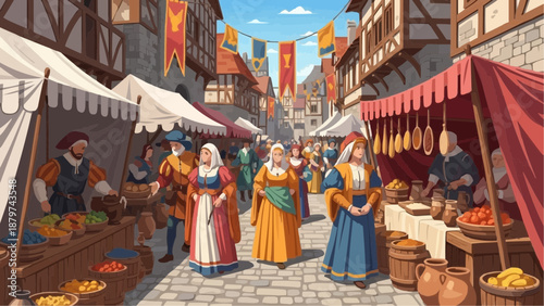 A bustling medieval marketplace scene displays merchants customers and colorful stalls along a cobblestone street in a historic town