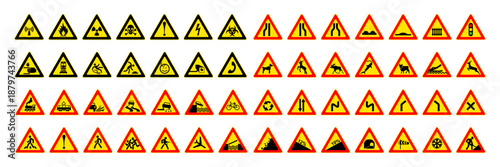 Collection of various warning signs, including traffic, hazard, and danger symbols, displayed in rows on a white background