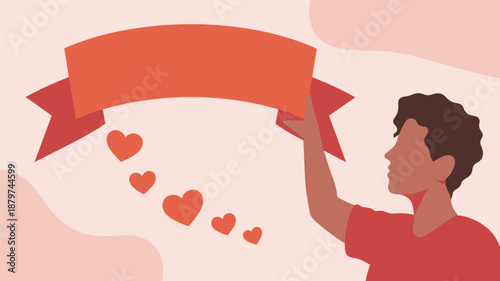 Person holding a banner with hearts Vector