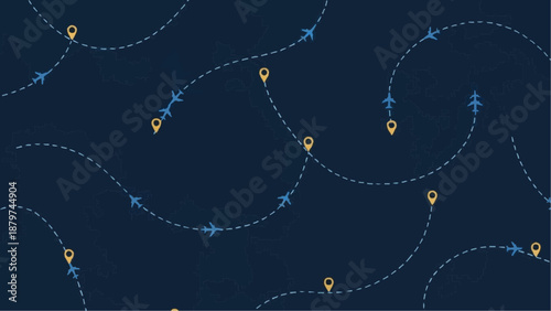 A dark blue background displays stylized airplanes and location pins connected by dotted lines suggesting travel routes