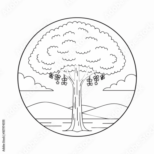 Teak tree coloring book page design.
