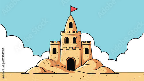 Colorful sandcastle with three towers and a red flag standing on a sandy beach under a clear blue sky with white clouds.