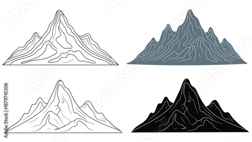 Collection of mountain peak icons shown in four different styles including outline, solid black, and grey versions.