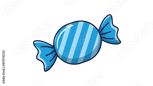Sweet blue candy with light blue stripes and a shiny wrapper presented in a simple cartoon style on a white background.