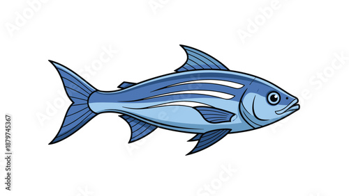 Detailed illustration of a blue fish with horizontal stripes and prominent fins swimming on a plain white background.