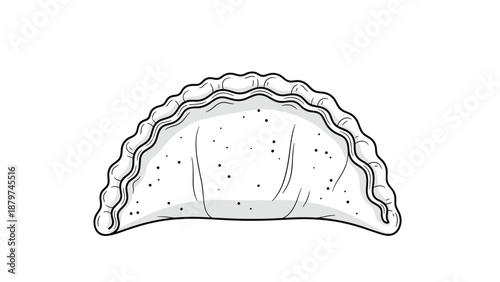 Detailed black and white line drawing of a pastry like an empanada or dumpling with crimped edges on a white background.