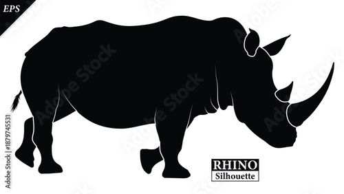 Black silhouette of rhinoceros isolated on white background, Beautiful rhinoceros logo icon vector design, standing, rhino silhouette vector illustration, vector. Black rhino Silhouette logo design 