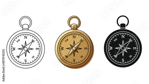 Set of three compass icons in outline, gold color, and solid black silhouette styles for navigation and adventure themes.