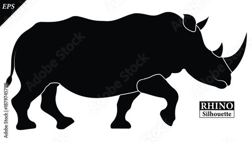 Black silhouette of rhinoceros isolated on white background, Beautiful rhinoceros logo icon vector design, standing, rhino silhouette vector illustration, vector. Black rhino Silhouette logo design 