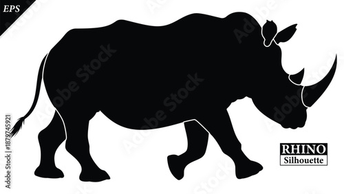 Black silhouette of rhinoceros isolated on white background, Beautiful rhinoceros logo icon vector design, standing, rhino silhouette vector illustration, vector. Black rhino Silhouette logo design 