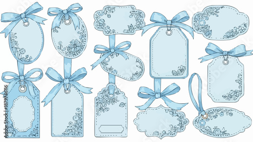 A collection of delicate pastel blue tags adorned with floral patterns and tied with light blue ribbons